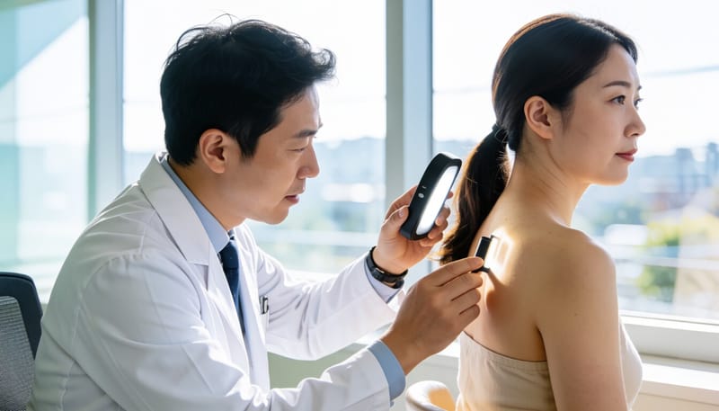 피부과 의사가 환자의 등 피부를 자세히 살펴보는 모습