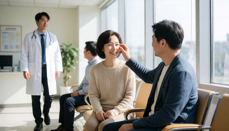 눈 주변 통증으로 안과 진료를 기다리는 환자의 모습