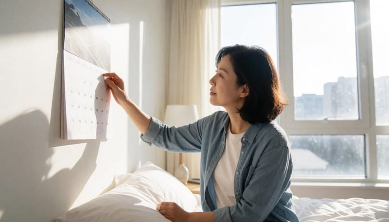 달력을 보며 생리 주기를 확인하는 여성의 모습