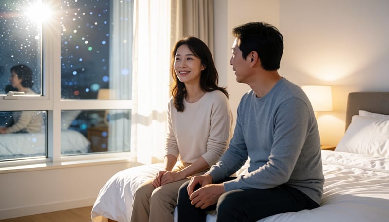 한밤중 침대에서 종아리를 붙잡고 고통스러워하는 여성의 모습