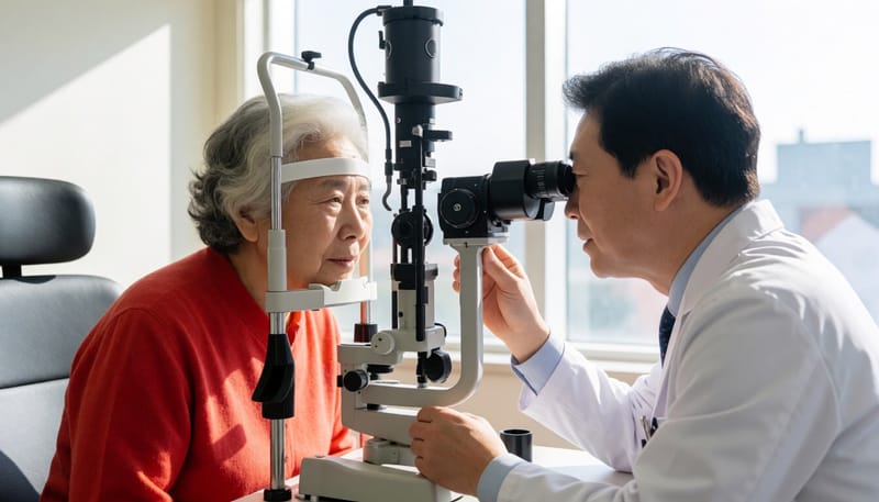 안과에서 세극등 검사를 받는 노년 환자의 모습