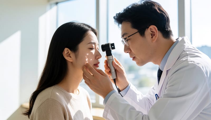 피부과에서 전문의가 환자의 피부를 진료하는 모습