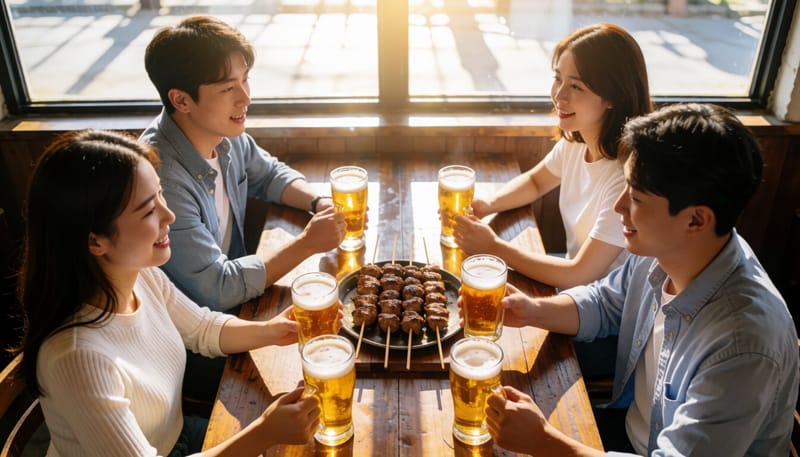 맥주와 고퓨린 음식이 놓인 술자리 테이블