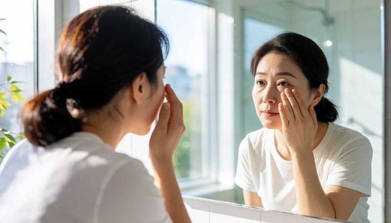 거울로 눈밑 다크서클을 확인하는 여성의 모습