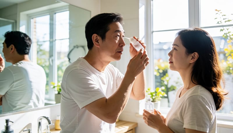 집에서 안압 조절용 점안액을 사용하는 남성
