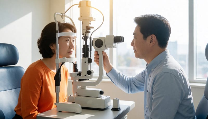 안과에서 안압 검사를 받는 중년 여성의 모습
