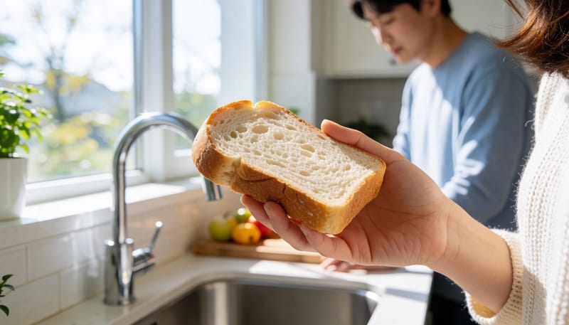 손으로 곰팡이가 핀 식빵 조각을 들고 살펴보는 모습