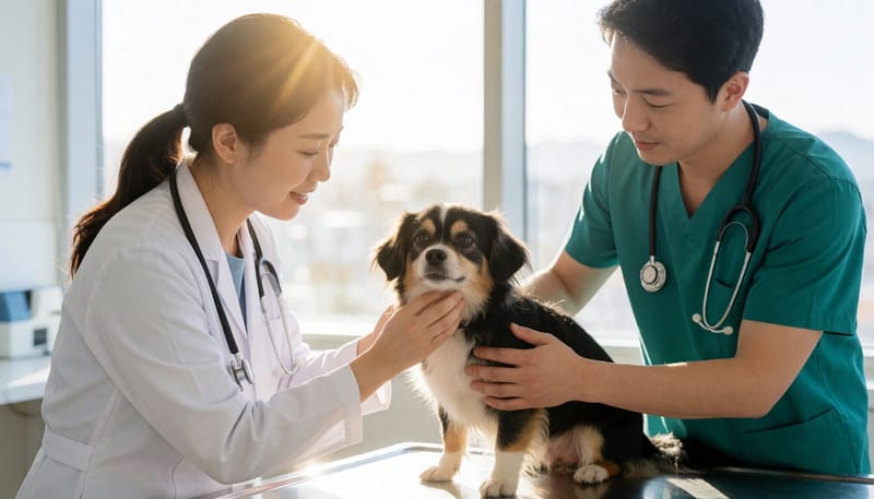동물병원에서 반려견을 진찰하는 수의사