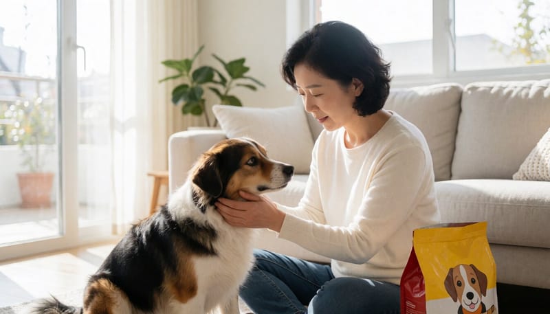 기운 없어 보이는 반려견을 살피는 보호자