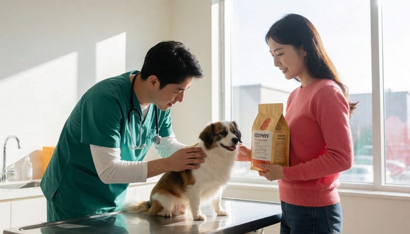 동물병원에서 반려견을 진료하는 수의사와 보호자