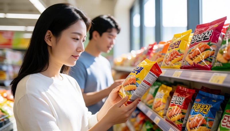 소비자가 수산물가공품 포장지를 확인하는 모습