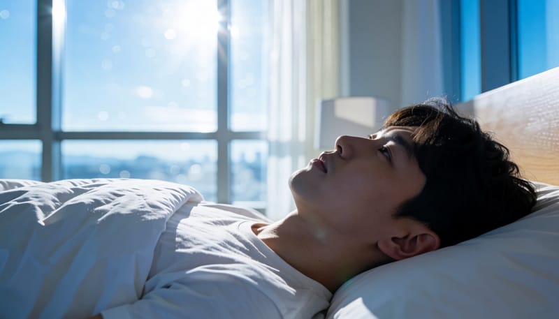 밤에 잠들지 못하고 뒤척이는 남성의 모습