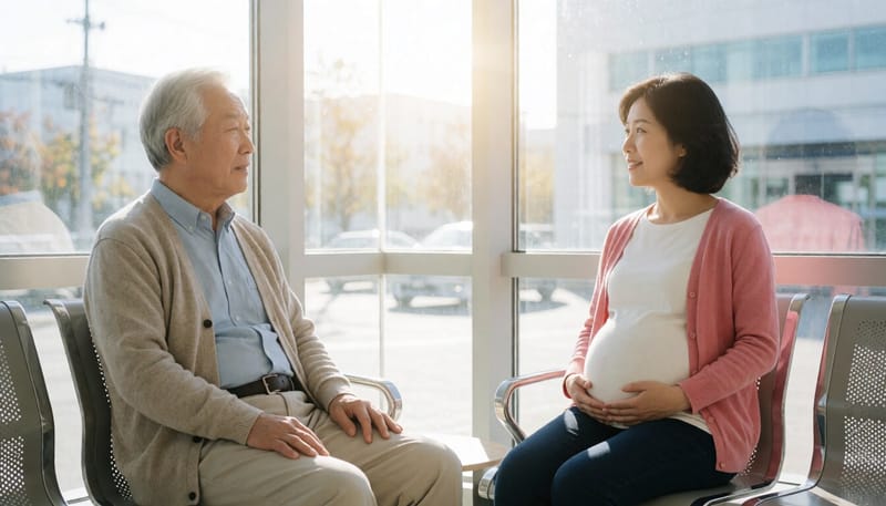 보건소에서 접종 순서를 기다리는 고령자와 임신부의 모습