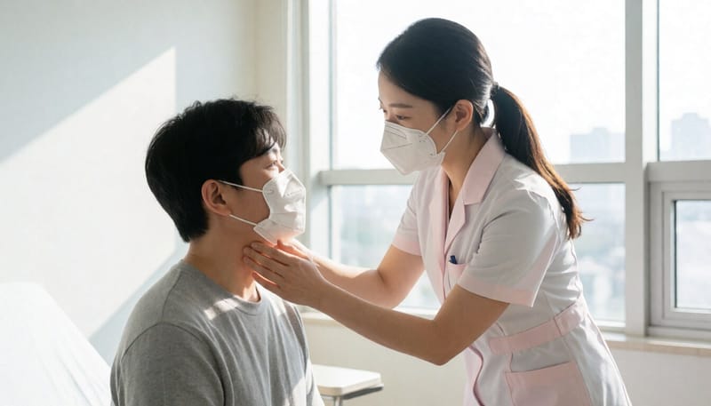 병원에서 면봉으로 독감 검사를 위한 검체를 채취하는 모습