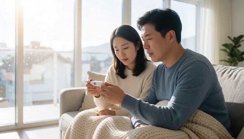 고열과 몸살로 소파에 담요를 두르고 체온계를 들고 있는 모습