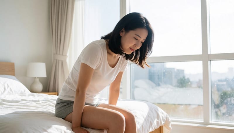 옆구리 통증을 호소하며 몸을 숙인 여성