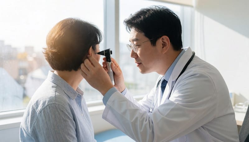 이비인후과에서 귀 상태를 확인하는 모습