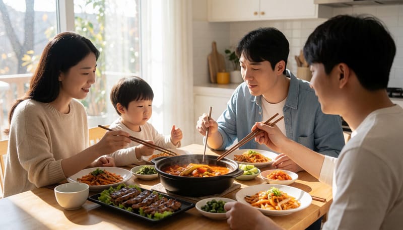 짠 음식과 고기 반찬이 올라온 식사 모습