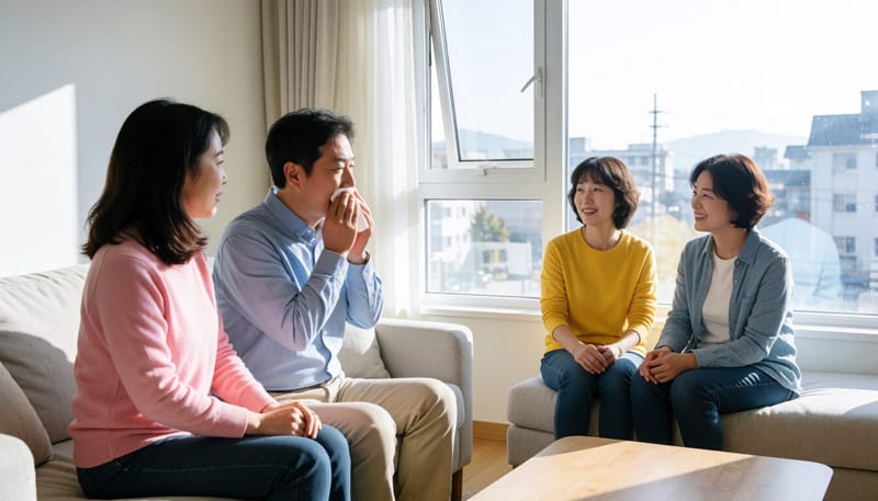 거실에서 기침하는 가족 구성원과 거리를 둔 다른 식구들