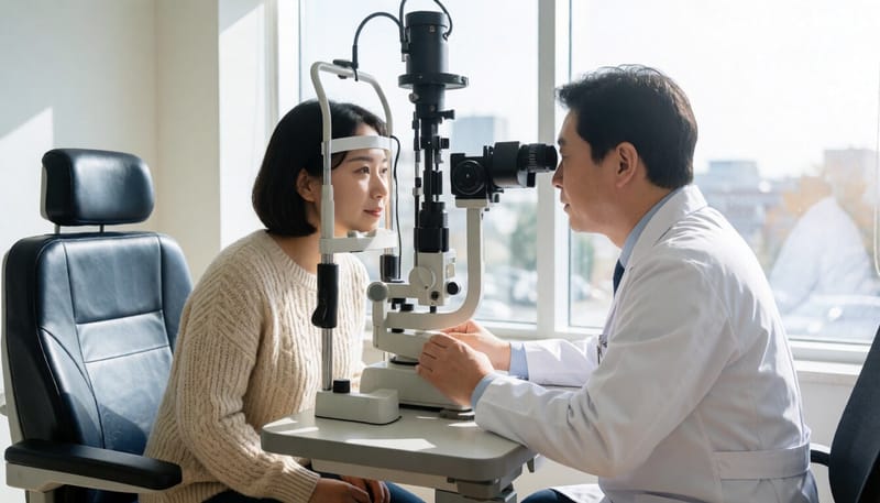 안과에서 안압과 시신경 상태를 검사받는 환자의 모습