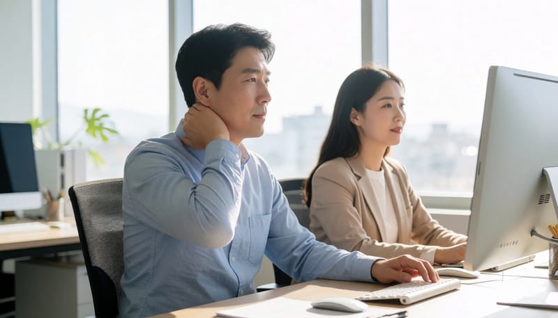 목을 손으로 짚고 통증을 느끼는 직장인의 모습