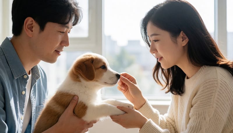 보호자가 강아지의 코와 발바닥을 살펴보는 모습