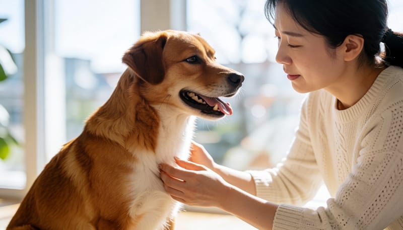 강아지 배 피부를 살펴보는 보호자 손