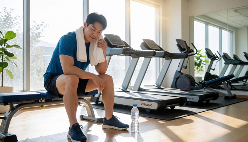 운동 후 땀을 닦으며 쉬고 있는 남성의 모습