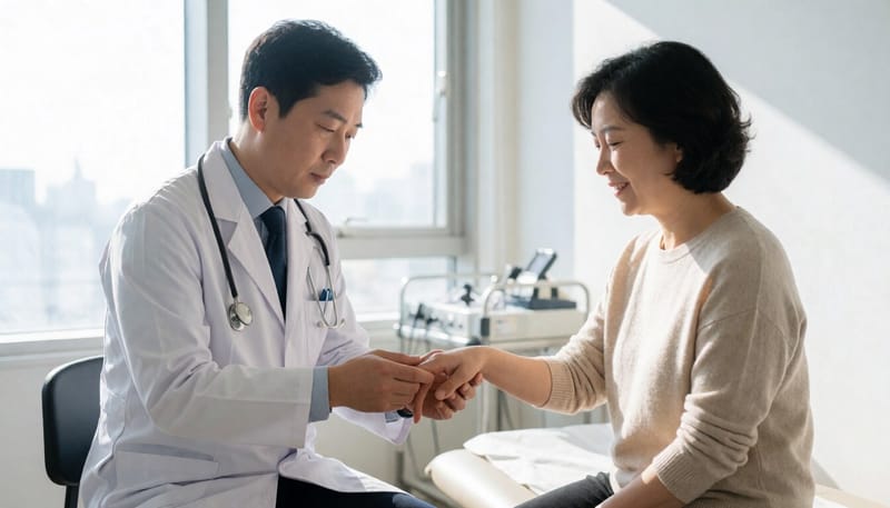 신경과 진료실에서 손목을 진찰받는 모습