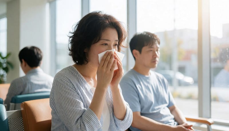 병원 대기실에서 고열과 몸살로 힘들어하는 환자의 모습