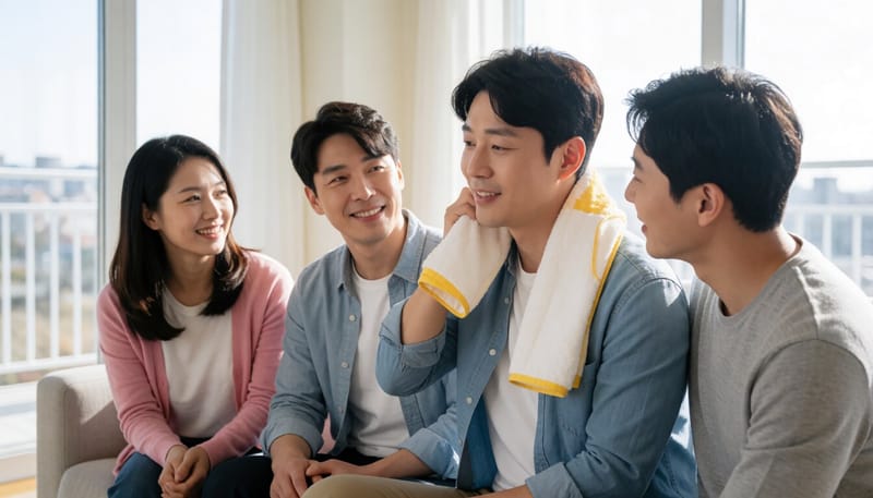 목에 따뜻한 수건을 올리고 쉬는 남성