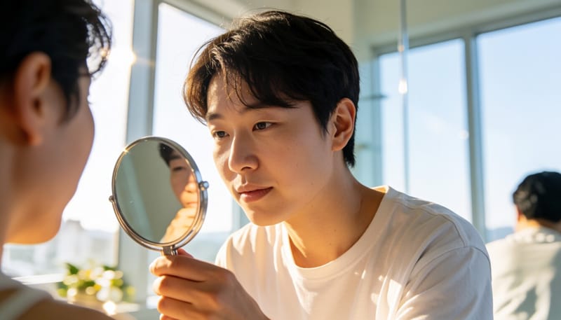 거울을 보며 입안 상태를 확인하는 모습