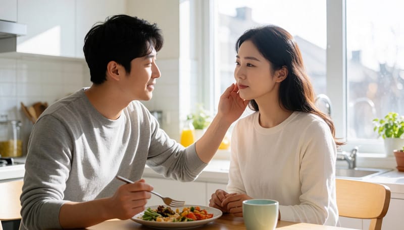 입안 통증 때문에 뺨을 만지며 식사를 멈춘 여성의 모습