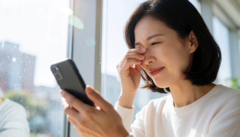 눈을 비비며 시야가 흐려진 듯 미간을 찌푸린 여성