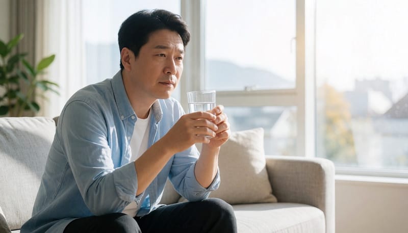 물컵을 든 채 피곤한 표정으로 소파에 앉아 있는 중년 남성