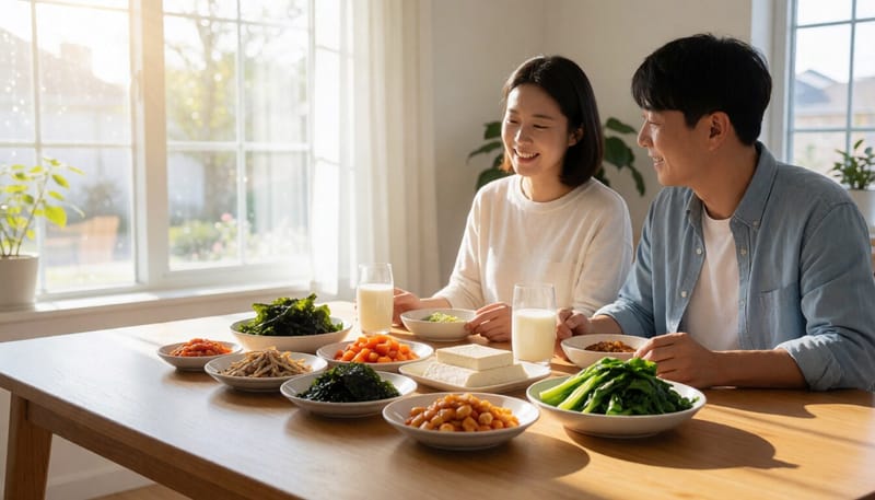 칼슘과 비타민D가 풍부한 식재료가 차려진 식탁 모습