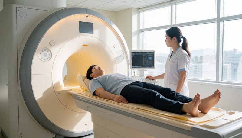목디스크 진단을 위해 MRI 검사를 받는 환자