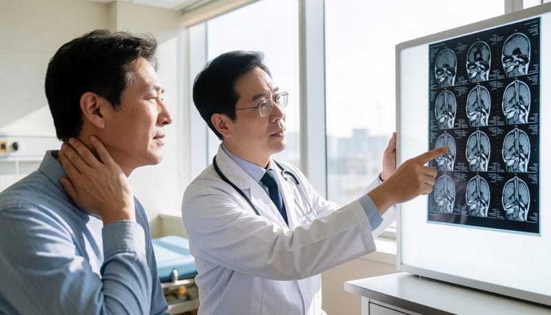 의사가 목디스크 환자에게 척추 MRI 영상을 보며 설명하는 모습