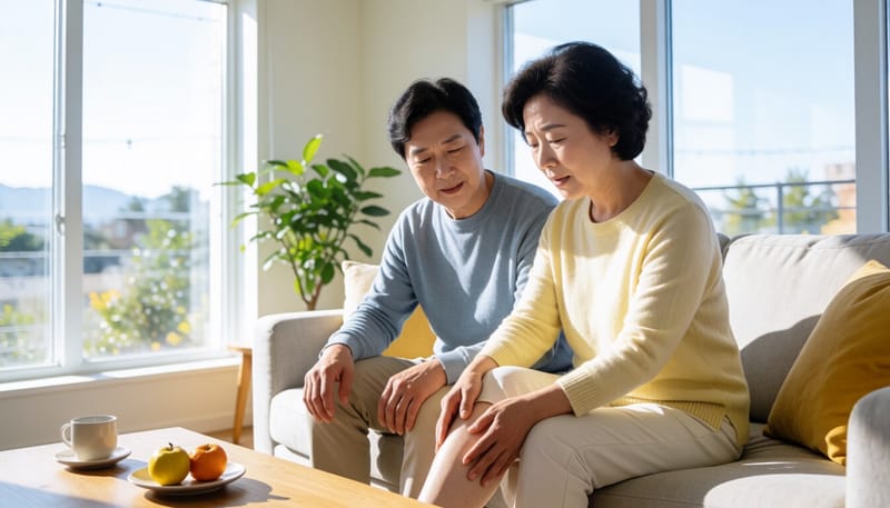 다리가 부어 손으로 발목을 만지는 여성