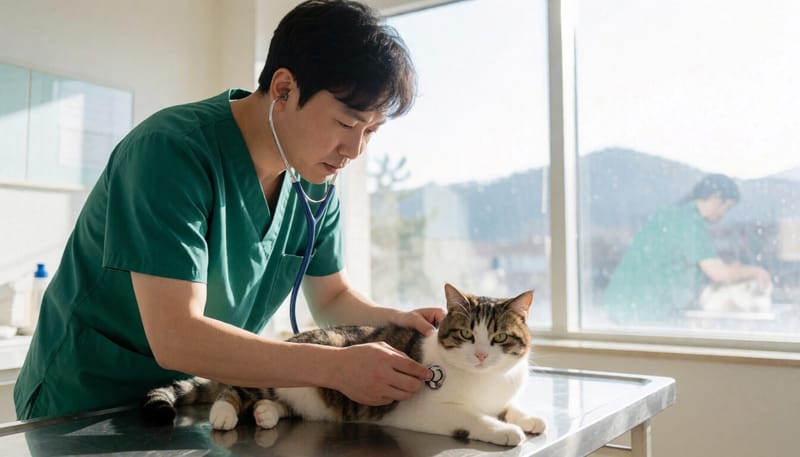 청진기로 고양이 심장 상태를 확인하는 수의사