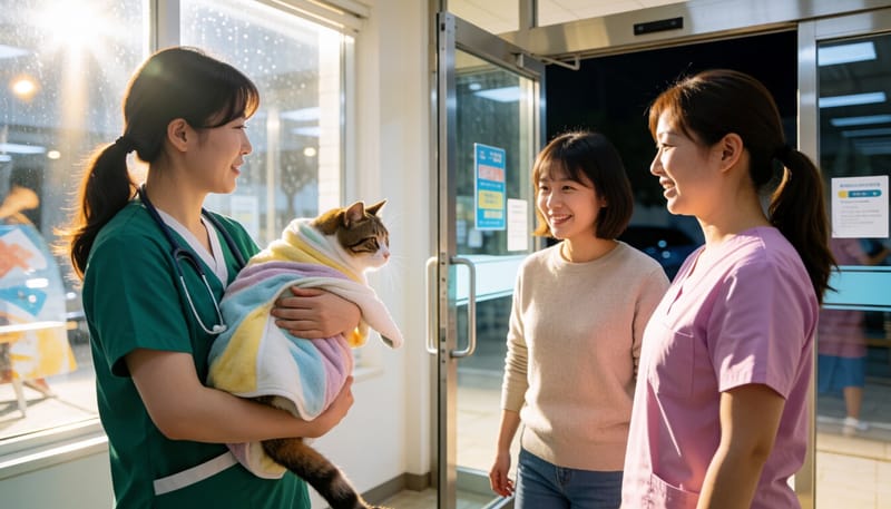 야간에 응급실로 옮겨지는 고양이