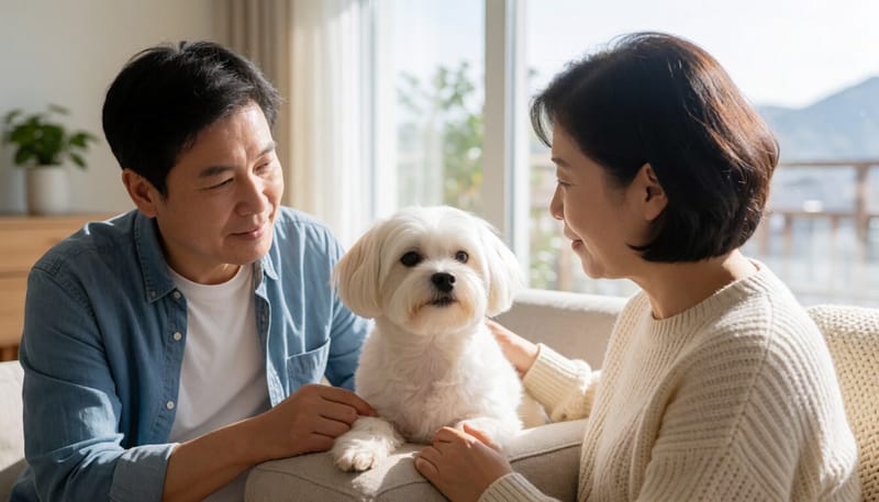 소파에서 기침하는 노령 몰티즈의 모습