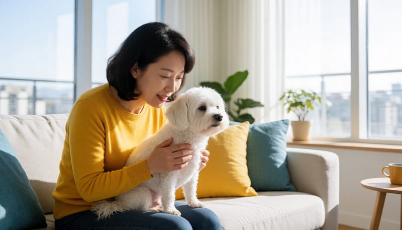 거실에서 반려견을 안고 상태를 살피는 보호자