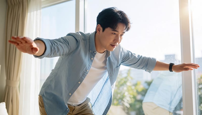 균형을 잡으며 트램폴린 위에서 운동하는 모습