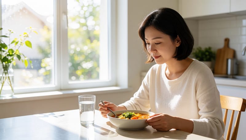 식탁에 앉아 채소 수프와 물 한 잔을 바라보는 여성