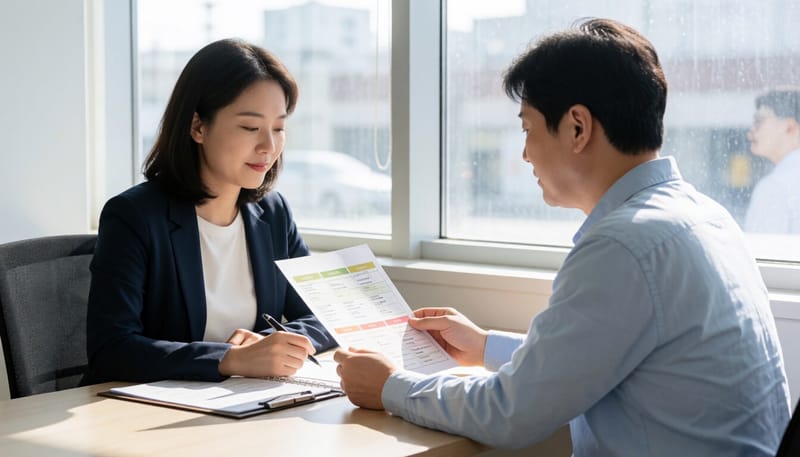 영양사와 상담하며 식단 계획을 살펴보는 모습