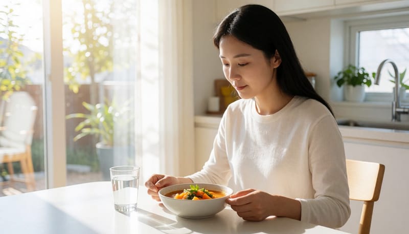 식탁에 앉아 채소 수프와 물 한 잔을 바라보는 여성의 모습