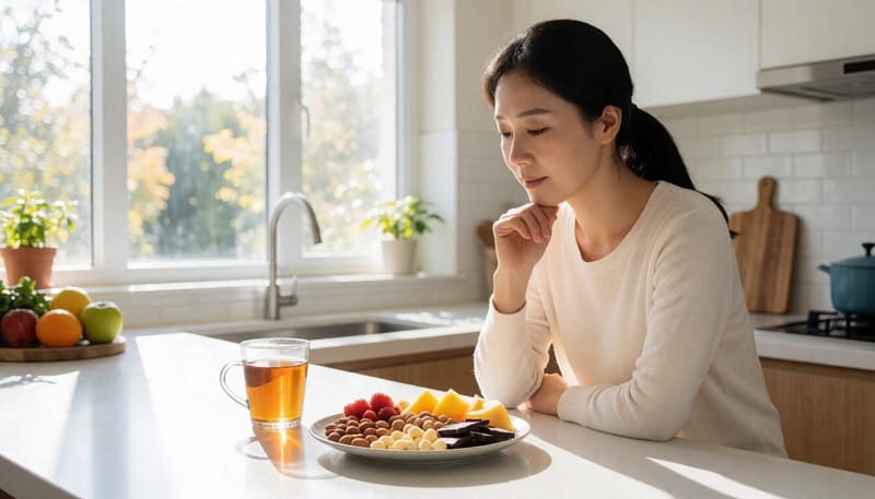건강한 간식을 바라보며 생각에 잠긴 여성의 모습