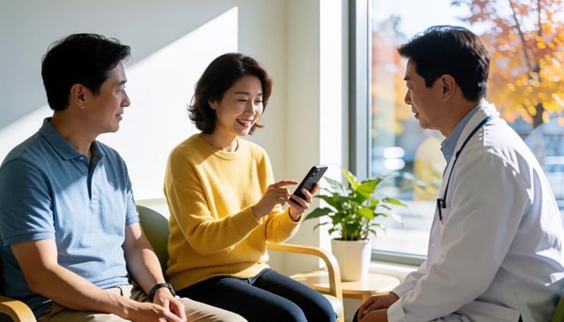병원 대기실에서 접종 전 휴대폰으로 정보를 확인하는 여성