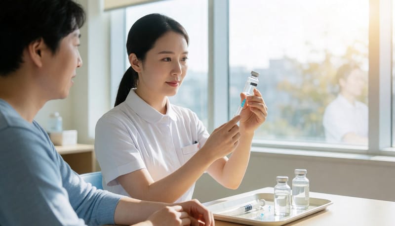간호사가 독감 예방접종을 준비하는 모습